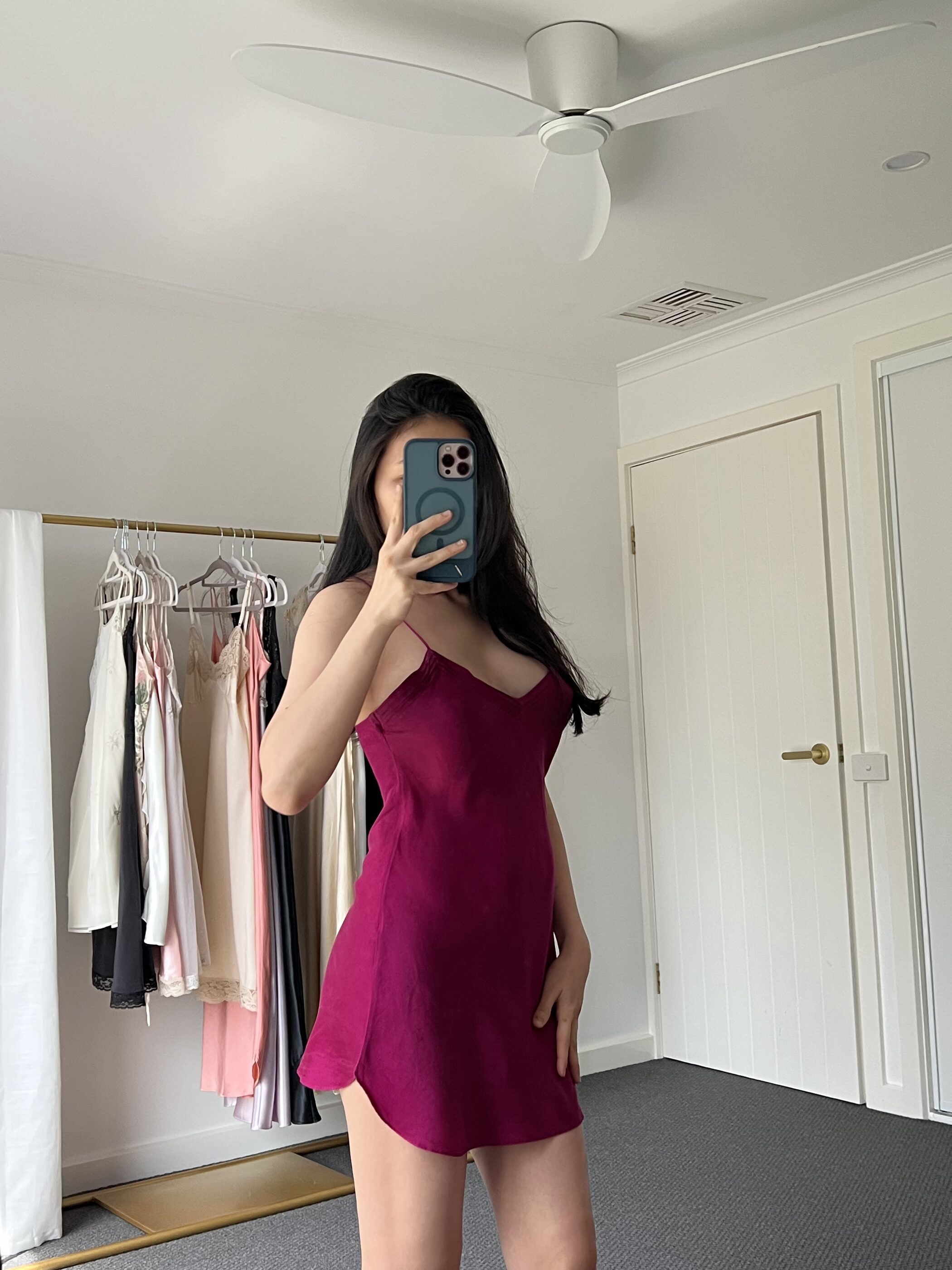 Berry silk slip dress, worn, mid-thigh length