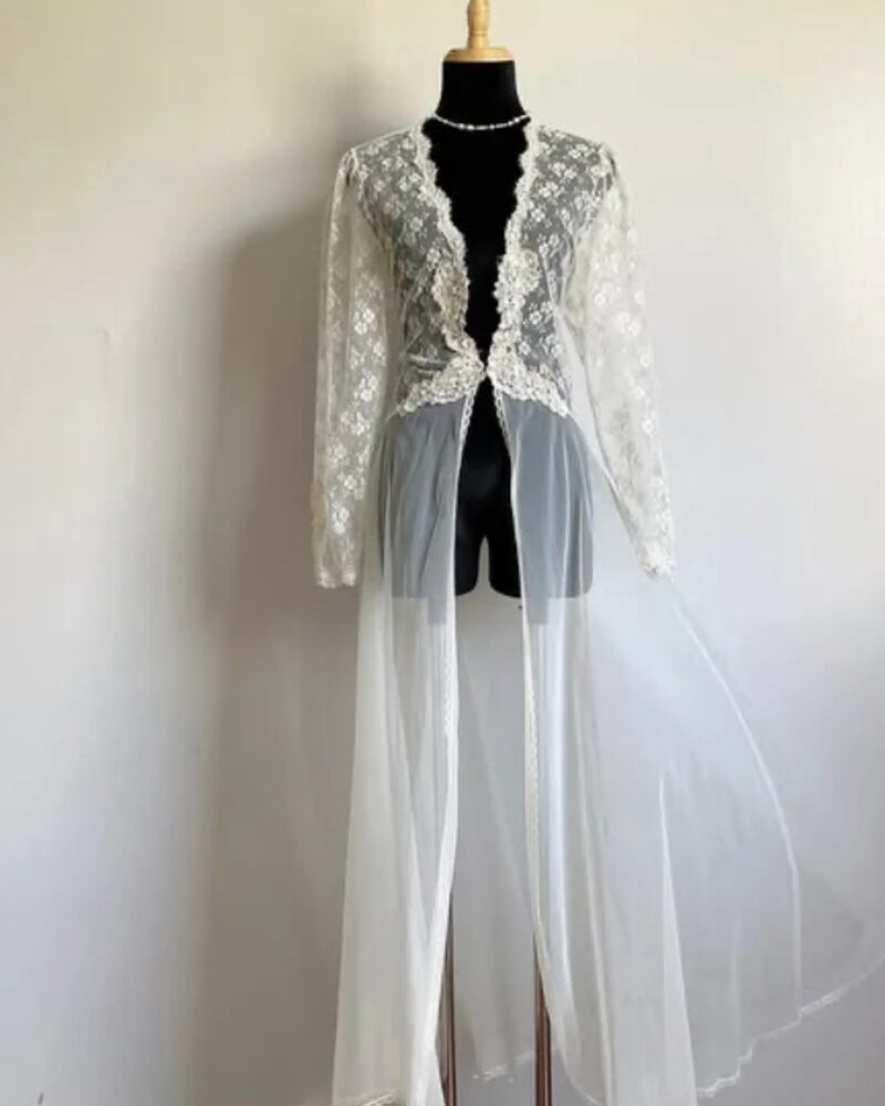 Ivory lace peignoir with sheer chiffon skirt, on a dress form